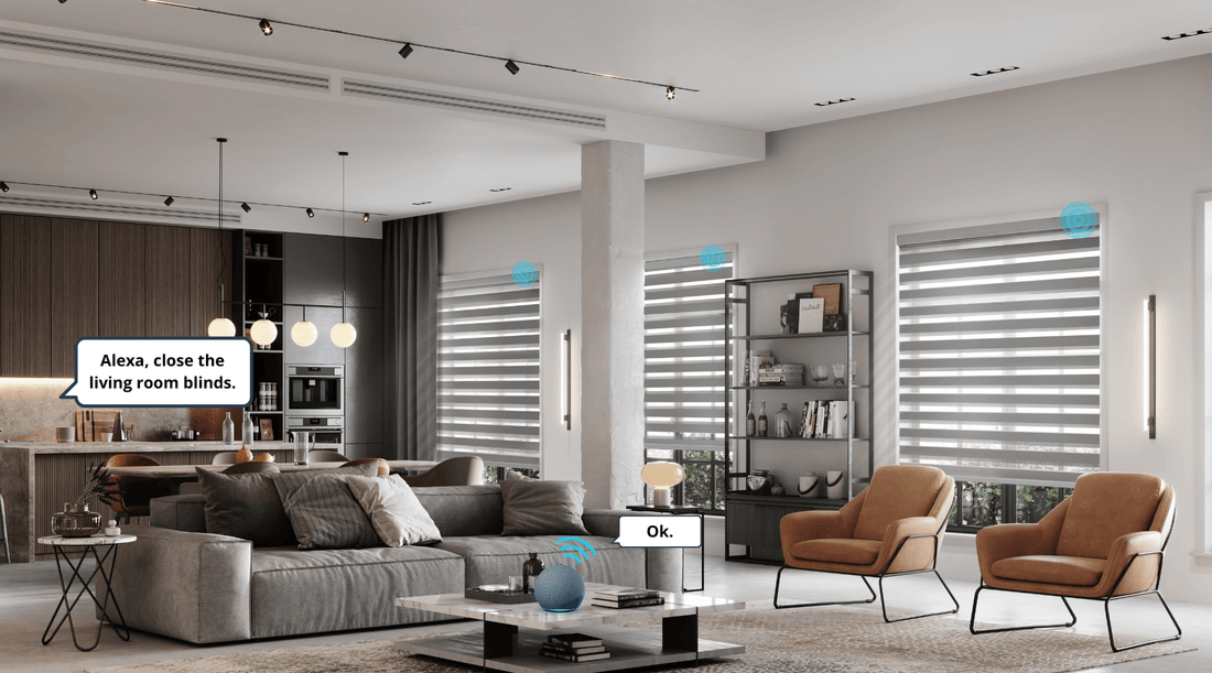 open or close motorized blinds with smart home automation. amazon alexa voice control automated shades in living room.