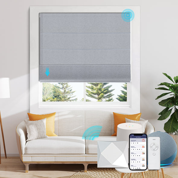 grey roman shades in living room