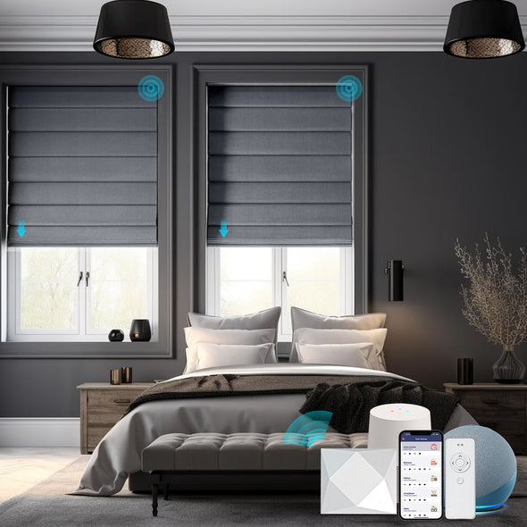 smart grey roman shades in bedroom 