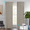 NATURAL motorized ripplefold blackout curtains in warm taupe with tropical foliage pattern, shown with app, voice assistant, and remote compatibility for smart living.