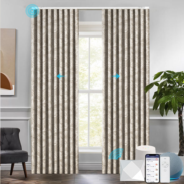 NATURAL motorized ripplefold blackout curtains in warm taupe with tropical foliage pattern, shown with app, voice assistant, and remote compatibility for smart living.