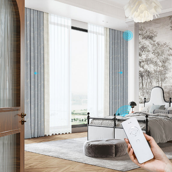 FLEUR smart electric curtains in a modern bedroom, featuring remote-controlled opening and closing, sheer and blackout double-layer design for privacy and light control.
