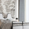 Elegant FLEUR series curtains in soft gray with subtle floral patterns, perfectly complementing a classic bedroom interior with monochrome landscape wall art.