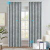 FLEUR smart electric curtains in light gray with subtle floral patterns, shown in a modern room setting. Features motorized opening and closing, compatible with mobile app, voice assistant, and remote control.