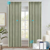 FLEUR smart electric curtains in light gray with subtle floral patterns, shown in a modern room setting. Features motorized opening and closing, compatible with mobile app, voice assistant, and remote control.

