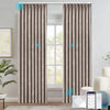 FLEUR smart electric curtains in light gray with subtle floral patterns, shown in a modern room setting. Features motorized opening and closing, compatible with mobile app, voice assistant, and remote control.

