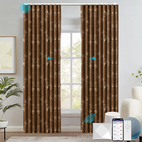 FLEUR smart electric curtains in light gray with subtle floral patterns, shown in a modern room setting. Features motorized opening and closing, compatible with mobile app, voice assistant, and remote control.

