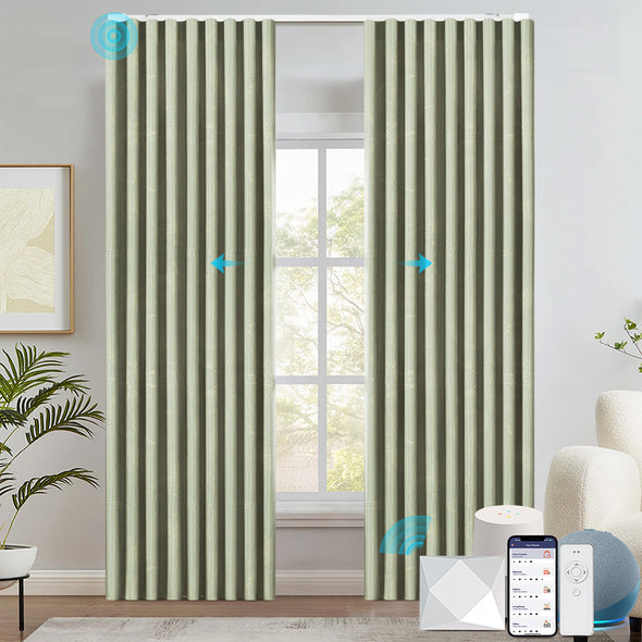 FLEUR smart electric curtains in light gray with subtle floral patterns, shown in a modern room setting. Features motorized opening and closing, compatible with mobile app, voice assistant, and remote control.

