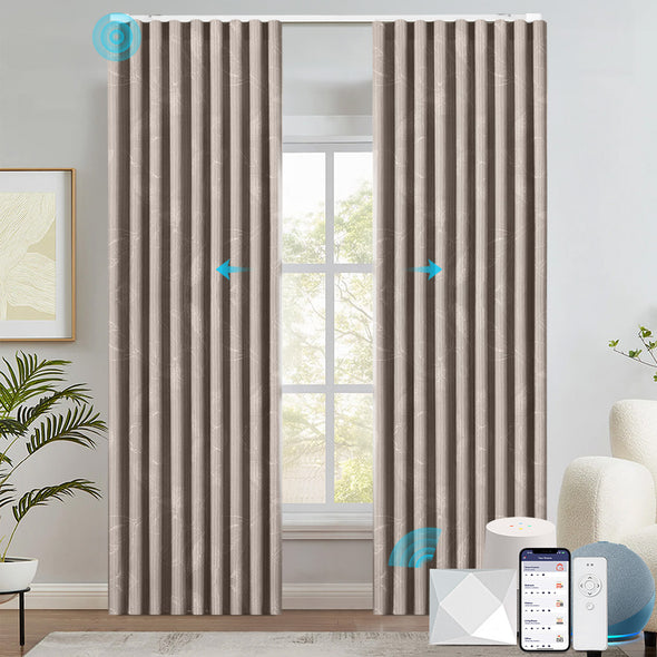 FLEUR smart electric curtains in light gray with subtle floral patterns, shown in a modern room setting. Features motorized opening and closing, compatible with mobile app, voice assistant, and remote control.

