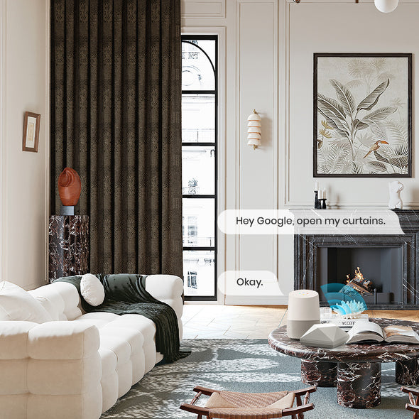 LOOM motorized blackout curtains shown with Google Assistant voice control integration, blending elegant drapery design with smart home functionality.