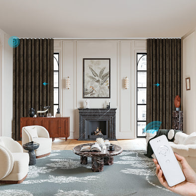 LOOM custom motorized blackout curtains in ripplefold style, installed in a high-ceiling living room with classic decor, remote-controlled for smart light management.

