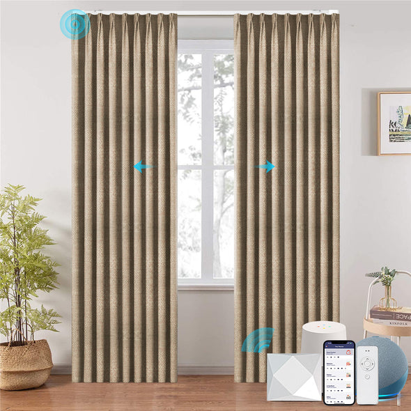 LOOM custom motorized blackout curtains in ripplefold style, shown in warm beige with subtle geometric texture. Smart control via app, remote, and voice assistant integration, ideal for modern smart interiors.

