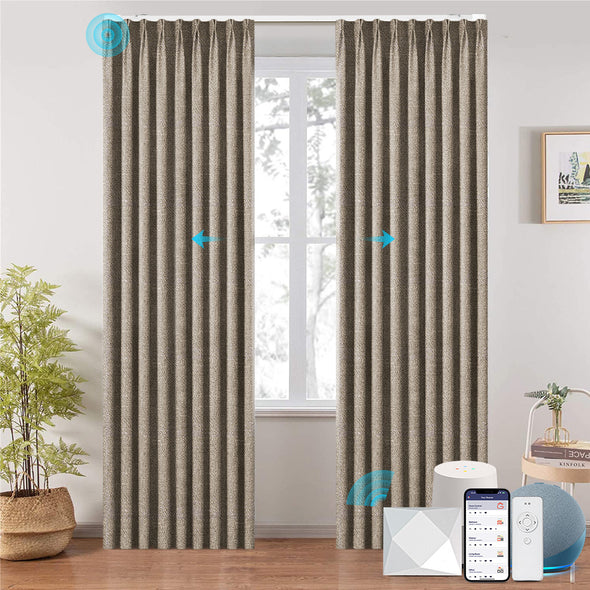 LOOM custom motorized blackout curtains in ripplefold style, shown in warm beige with subtle geometric texture. Smart control via app, remote, and voice assistant integration, ideal for modern smart interiors.

