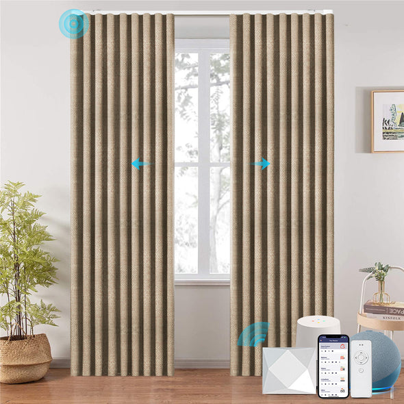LOOM custom motorized blackout curtains in ripplefold style, shown in warm beige with subtle geometric texture. Smart control via app, remote, and voice assistant integration, ideal for modern smart interiors.

