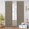 LOOM custom motorized blackout curtains in ripplefold style, shown in warm beige with subtle geometric texture. Smart control via app, remote, and voice assistant integration, ideal for modern smart interiors.

