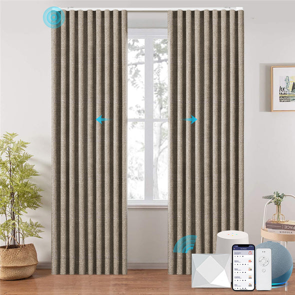 LOOM custom motorized blackout curtains in ripplefold style, shown in warm beige with subtle geometric texture. Smart control via app, remote, and voice assistant integration, ideal for modern smart interiors.

