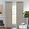 NATURAL motorized ripplefold blackout curtains in warm taupe with tropical foliage pattern, shown with app, voice assistant, and remote compatibility for smart living.