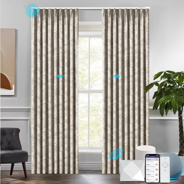 NATURAL motorized ripplefold blackout curtains in warm taupe with tropical foliage pattern, shown with app, voice assistant, and remote compatibility for smart living.