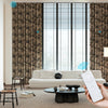 NATURAL collection custom motorized blackout curtains with tropical botanical print, installed in a high-ceiling living room. Shown with remote control and smart automation features.

