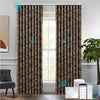 NATURAL motorized ripplefold blackout curtains in warm taupe with tropical foliage pattern, shown with app, voice assistant, and remote compatibility for smart living.

