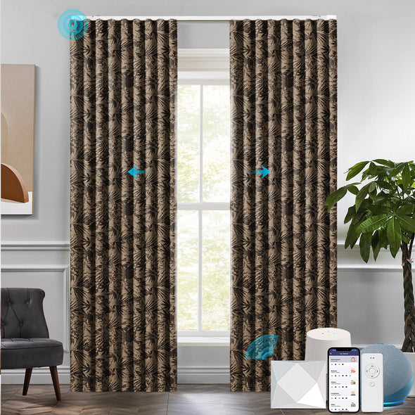 NATURAL motorized ripplefold blackout curtains in warm taupe with tropical foliage pattern, shown with app, voice assistant, and remote compatibility for smart living.

