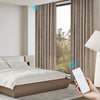 NESTO collection motorized ripplefold blackout curtains in soft brown fabric, smart home living room with Google voice control integration