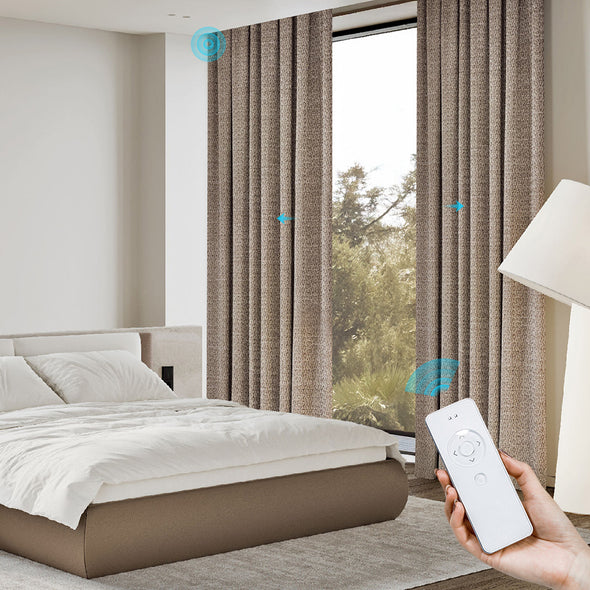 NESTO collection motorized ripplefold blackout curtains in soft brown fabric, smart home living room with Google voice control integration