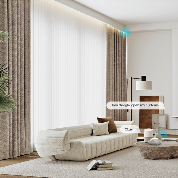 NESTO collection custom motorized blackout curtains in ripplefold style, shown in modern bedroom with smart remote control in hand

