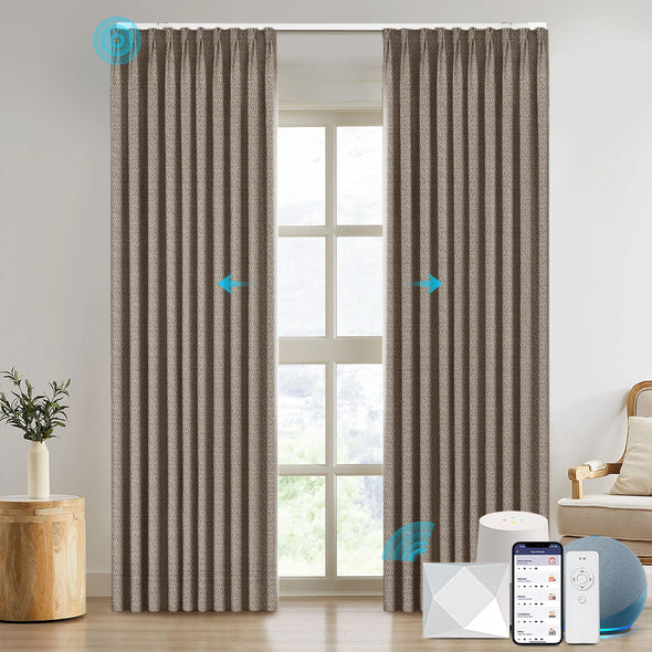 NESTO collection motorized blackout curtains in ripplefold style, installed in modern room with smart home control system and voice assistant compatibility.