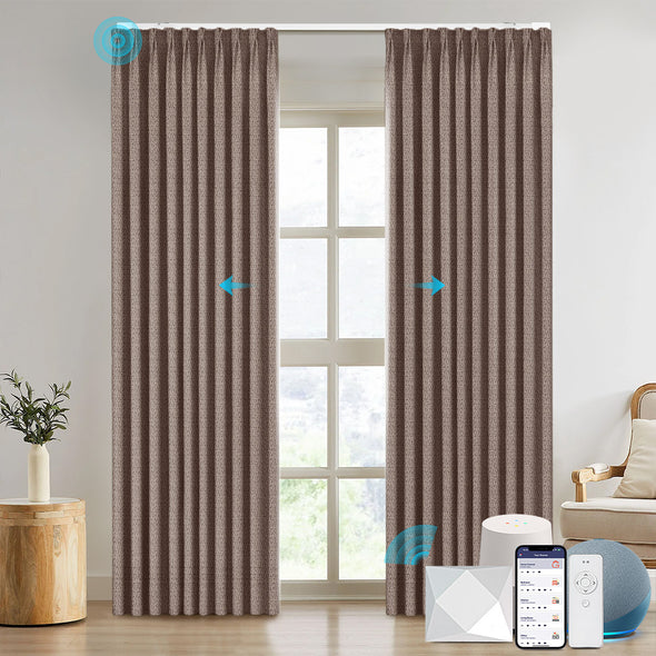 NESTO collection motorized blackout curtains in ripplefold style, installed in modern room with smart home control system and voice assistant compatibility.

