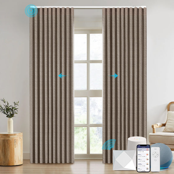 NESTO collection motorized blackout curtains in ripplefold style, installed in modern room with smart home control system and voice assistant compatibility