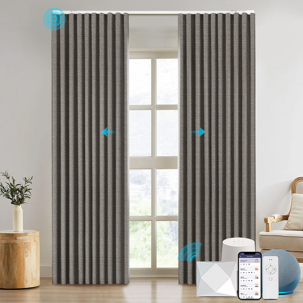 NESTO collection motorized blackout curtains in ripplefold style, installed in modern room with smart home control system and voice assistant compatibility.