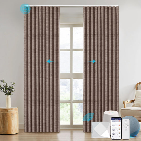 NESTO collection motorized blackout curtains in ripplefold style, installed in modern room with smart home control system and voice assistant compatibility.