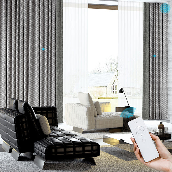 NOVA custom motorized blackout curtains in a modern living room, shown with dual-layer design and remote control operation for easy open-close functionality.