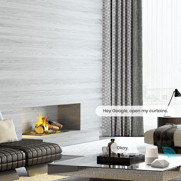 NOVA smart blackout curtains integrated with Google Assistant, featuring voice control for convenient automated operation in a stylish contemporary interior.