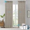 NOVA custom motorized blackout curtains in ripplefold style, featuring geometric textured fabric in dark gray, smart control via app, remote, and voice assistant in a minimalist interior.