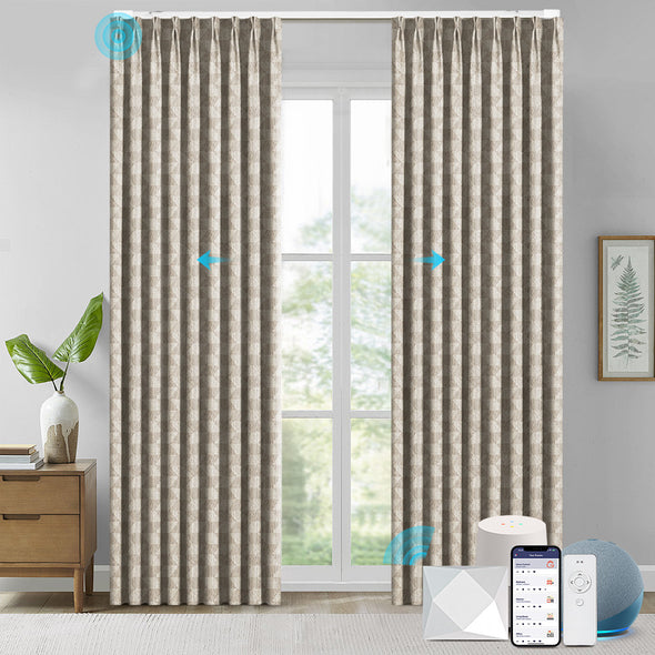 NOVA custom motorized blackout curtains in ripplefold style, featuring geometric textured fabric in dark gray, smart control via app, remote, and voice assistant in a minimalist interior.