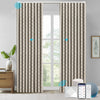 NOVA custom motorized blackout curtains in ripplefold style, featuring geometric textured fabric in dark gray, smart control via app, remote, and voice assistant in a minimalist interior.