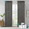 NOVA custom motorized blackout curtains in ripplefold style, featuring geometric textured fabric in dark gray, smart control via app, remote, and voice assistant in a minimalist interior.