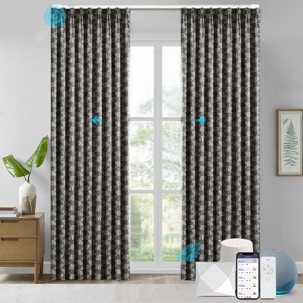 NOVA custom motorized blackout curtains in ripplefold style, featuring geometric textured fabric in dark gray, smart control via app, remote, and voice assistant in a minimalist interior.