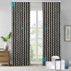 NOVA custom motorized blackout curtains in ripplefold style, featuring geometric textured fabric in dark gray, smart control via app, remote, and voice assistant in a minimalist interior.