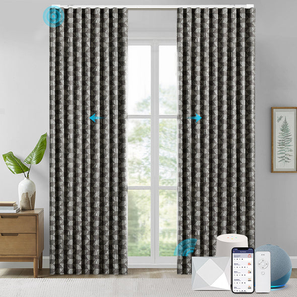 NOVA custom motorized blackout curtains in ripplefold style, featuring geometric textured fabric in dark gray, smart control via app, remote, and voice assistant in a minimalist interior.