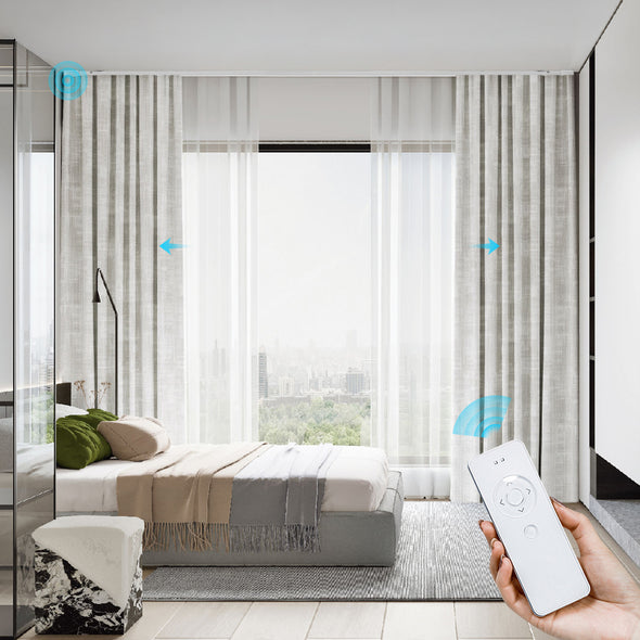 STRONA custom motorized blackout curtains in ripplefold style, shown in a minimalist bedroom with floor-to-ceiling windows. Smart control via handheld remote for smooth operation.