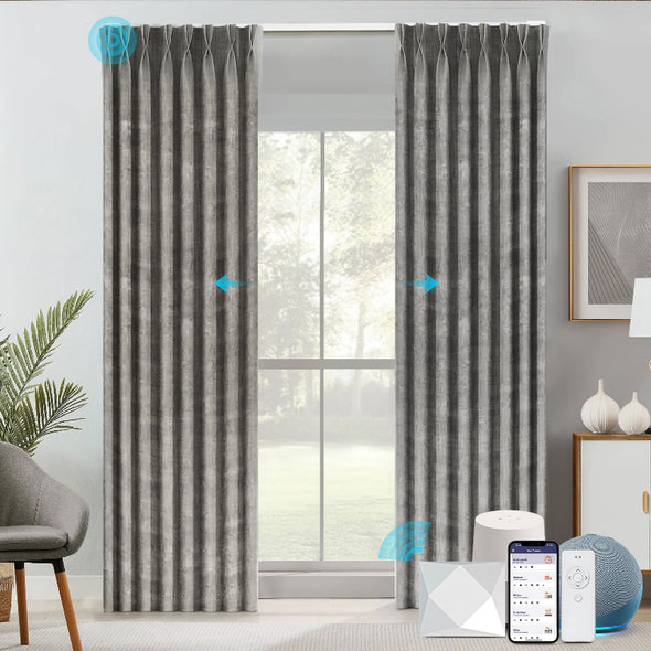Smart STRONA motorized blackout curtains with elegant pinch pleat design, voice and app control