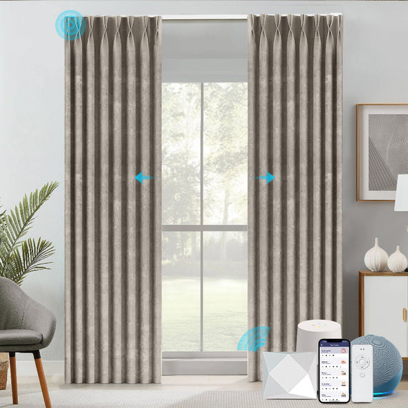 Smart STRONA motorized blackout curtains with elegant pinch pleat design, voice and app control