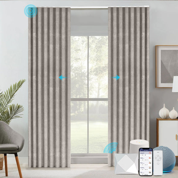 STRONA smart blackout curtains in a neutral light gray, ripplefold track style. Controlled via app, voice assistant, and remote. Ideal for smart living spaces and bedrooms.

