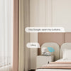 Smart home device controlling smart curtains in a bedroom with text 'Hey Google, open my curtains.'