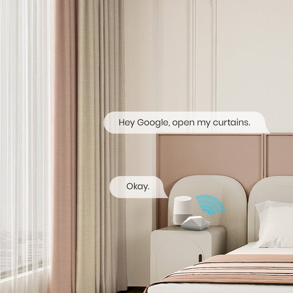 Smart home device controlling smart curtains in a bedroom with text 'Hey Google, open my curtains.'