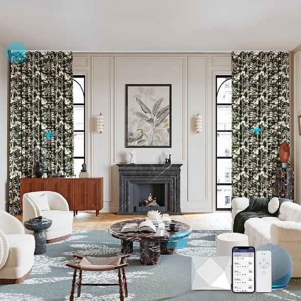 VERDANA series smart electric curtains in a modern luxury living room, featuring botanical print fabric and supporting remote control, mobile app, and voice assistant integration for a seamless smart home experience.