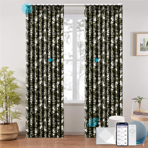VERDANA smart electric curtains installed on a modern window, demonstrating motorized open/close function via smartphone app, voice assistant, and remote control—compatible with various smart home systems.